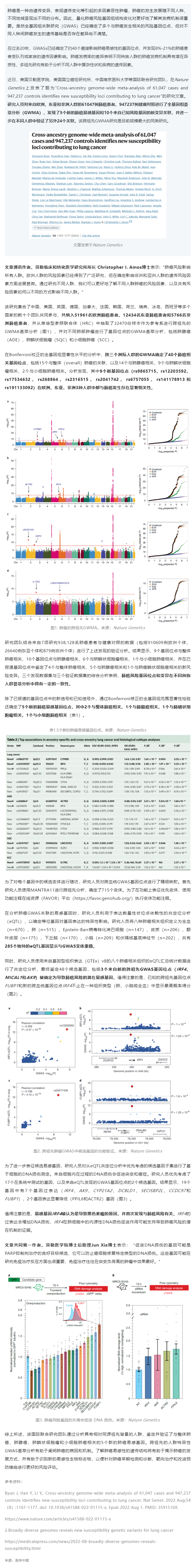 Nat Genet _ 中美等多国研究团队完成超百万人跨祖先全基因组荟萃分析，鉴定新的肺癌易感位点
