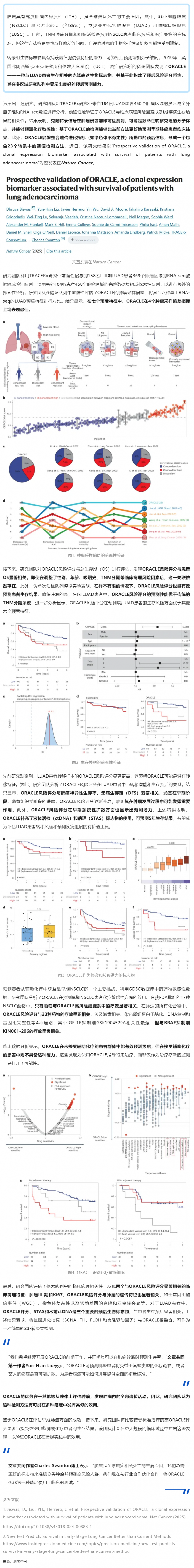 2025 年 01 月 23 日 Nat Cancer _ 超越传统检测方法！ORACLE 检测可以更好地预测早期肺癌患者的临床结果